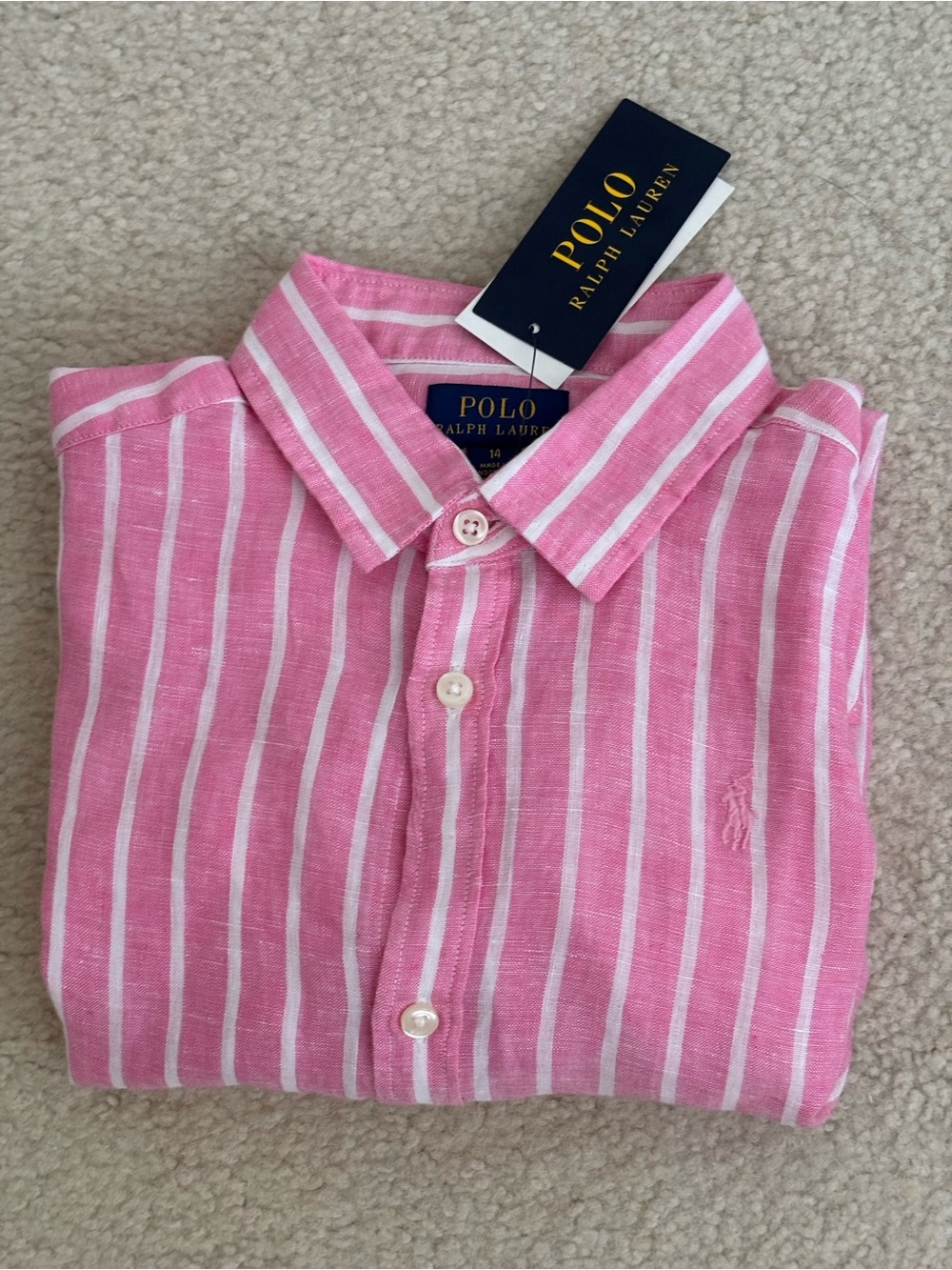 NWT Polo Ralph Lauren Girl’s Pink & White Striped Linen Shirt Size 14